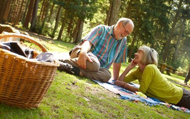 couple enjoying a picnic in a clearing within a forest